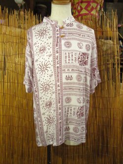 画像1: ラムナミプリント＊レーヨン素材＊マオカラー＊半袖＊プルオーバー＊２XＬ