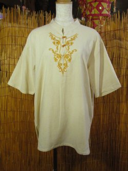 画像1: トライバルステッチ＊コットン素材＊マオカラー＊半袖＊プルオーバー＊ＸＬ