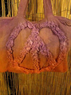 画像2: 手染め＊粗織りコットン素材＊ピースマーク＊ボストンバッグ