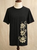 黒色＊コットン素材＊抜染プリント＊ロータス＊半袖＊Ｔシャツ＊ＸＬ