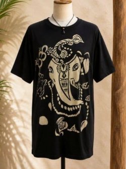 画像1: 黒色＊コットン素材＊抜染プリント＊ガネーシャ＊半袖＊Ｔシャツ＊２ＸＬ