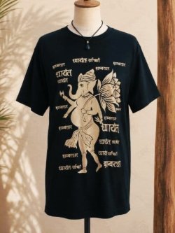 画像1: 黒色＊コットン素材＊抜染プリント＊ガネーシャ＊半袖＊Ｔシャツ＊２ＸＬ