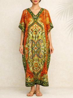 画像1: 薄手ビスコース素材＊ゆったりサイズ ＊アジアンプリント＊ガラベーヤ＊ポンチョ風＊マキシ丈＊ワンピース＊ベリーダンス