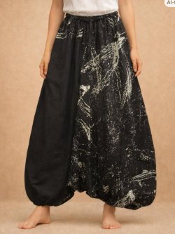 画像1: 黒色＋和風プリント＊切り替え＊コットン素材＊ふんわり＊サルエルパンツ