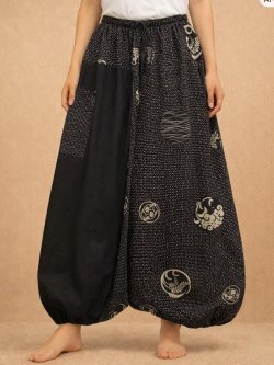 画像1: 黒色＋和風プリント＊切り替え＊コットン素材＊ふんわり＊サルエルパンツ