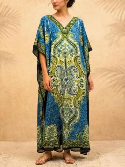 画像1: 薄手ビスコース素材＊ゆったりサイズ ＊アジアンプリント＊ガラベーヤ＊ポンチョ風＊マキシ丈＊ワンピース＊ベリーダンス