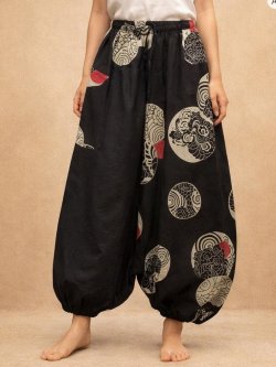 画像1: 黒色＋和風プリント＊切り替え＊コットン素材＊ふんわり＊サルエルパンツ