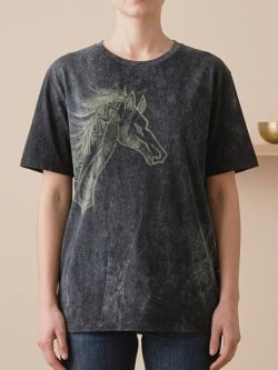 画像1: ストーンウォッシュ加工＊コットン素材＊馬＊ハンドペイント＊半袖Ｔシャツ＊Ｌ
