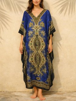 画像1: 薄手ビスコース素材＊ゆったりサイズ ＊アジアンプリント＊ガラベーヤ＊ポンチョ風＊マキシ丈＊ワンピース＊ベリーダンス
