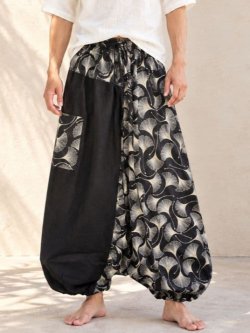 画像1: 黒色＋和風プリント＊切り替え＊コットン素材＊ふんわり＊サルエルパンツ