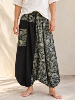 画像1: 黒色＋和風プリント＊切り替え＊コットン素材＊ふんわり＊サルエルパンツ