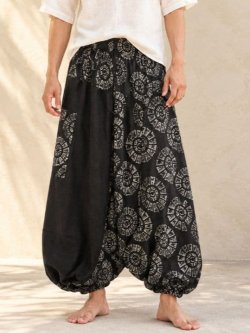 画像1: 黒色＋和風プリント＊切り替え＊コットン素材＊ふんわり＊サルエルパンツ