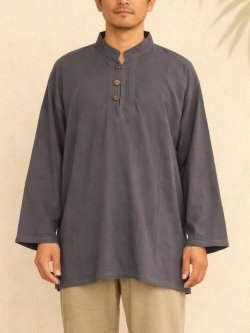 画像1: 無地＊コットン素材＊マオカラー＊三つボタン＊ロングスリーブ＊プルオーバー＊ＸＬ