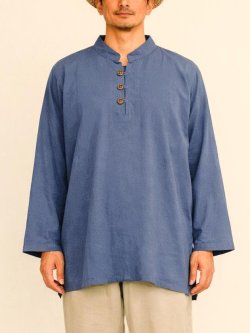 画像1: 無地＊コットン素材＊マオカラー＊三つボタン＊ロングスリーブ＊プルオーバー＊ＸＬ