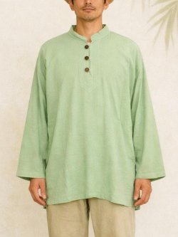画像1: 無地＊コットン素材＊マオカラー＊三つボタン＊ロングスリーブ＊プルオーバー＊ＸＬ