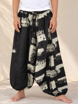 画像1: 黒色＋和風プリント＊切り替え＊コットン素材＊ふんわり＊サルエルパンツ
