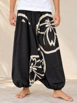 画像1: 黒色＋和風プリント＊切り替え＊コットン素材＊ふんわり＊サルエルパンツ