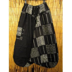 画像: 黒色＋和風プリント＊切り替え＊コットン素材＊ふんわり＊サルエルパンツ