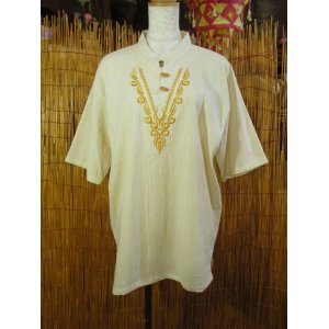 画像: トライバルステッチ＊コットン素材＊マオカラー＊半袖＊プルオーバー＊ＸＬ