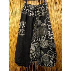 画像: 黒色＋和風プリント＊切り替え＊コットン素材＊ふんわり＊サルエルパンツ