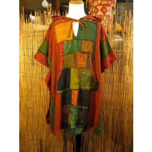 画像: ストーンウォッシュ＊コットン素材＊ゆったりサイズ＊パッチワーク＊フード付き＊ポンチョ