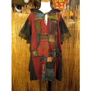 画像: ストーンウォッシュ＊コットン素材＊ゆったりサイズ＊パッチワーク＊フード付き＊ポンチョ