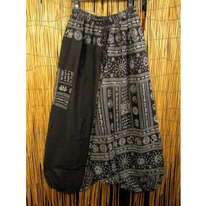 画像: 黒色＋和風プリント＊切り替え＊コットン素材＊ふんわり＊サルエルパンツ