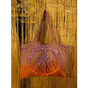 画像: 手染め＊粗織りコットン素材＊ピースマーク＊ボストンバッグ