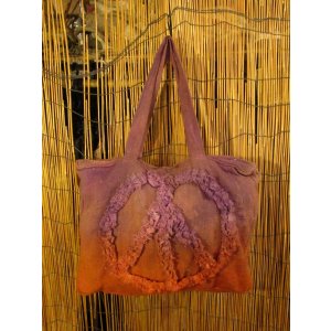 画像: 手染め＊粗織りコットン素材＊ピースマーク＊ボストンバッグ