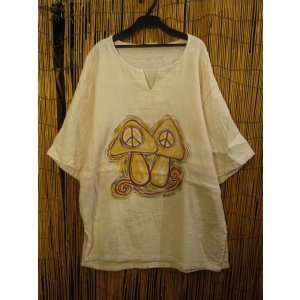画像: マッシュルーム＆ピースマーク＊ハンドペイント＊Ｗコットン素材＊ハーフスリーブ＊プルオーバー