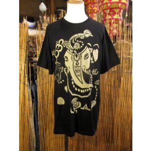 画像: 黒色＊コットン素材＊抜染プリント＊ガネーシャ＊半袖＊Ｔシャツ＊ＸＬ