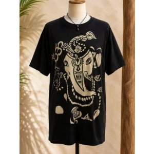 画像: 黒色＊コットン素材＊抜染プリント＊ガネーシャ＊半袖＊Ｔシャツ＊２ＸＬ