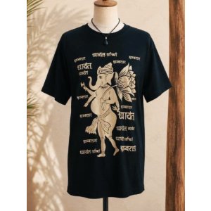 画像: 黒色＊コットン素材＊抜染プリント＊ガネーシャ＊半袖＊Ｔシャツ＊２ＸＬ