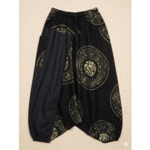 画像: 黒色＋和風プリント＊切り替え＊コットン素材＊ふんわり＊サルエルパンツ
