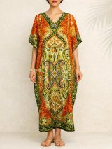 画像: 薄手ビスコース素材＊ゆったりサイズ ＊アジアンプリント＊ガラベーヤ＊ポンチョ風＊マキシ丈＊ワンピース＊ベリーダンス