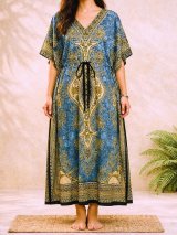画像: 薄手ビスコース素材＊ゆったりサイズ ＊アジアンプリント＊ガラベーヤ＊ポンチョ風＊マキシ丈＊ワンピース＊ベリーダンス