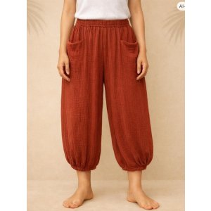 画像: 二枚重ね＊無地＊コットン素材＊半端丈＊クロップドパンツ