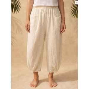 画像: 二枚重ね＊無地＊コットン素材＊半端丈＊クロップドパンツ