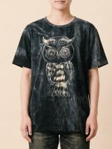 画像: ストーンウォッシュ加工＊コットン素材＊ふくろう＊ハンドペイント＊半袖Ｔシャツ＊Ｌ