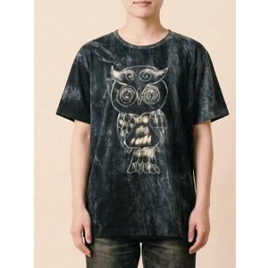 画像: ストーンウォッシュ加工＊コットン素材＊ふくろう＊ハンドペイント＊半袖Ｔシャツ＊Ｌ