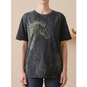 画像: ストーンウォッシュ加工＊コットン素材＊馬＊ハンドペイント＊半袖Ｔシャツ＊Ｌ