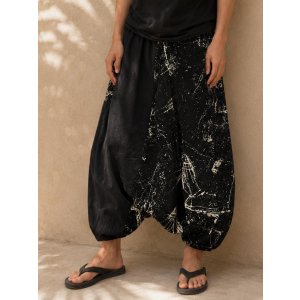 画像: 黒色＋和風プリント＊切り替え＊コットン素材＊ふんわり＊サルエルパンツ