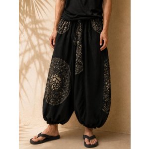 画像: 黒色＋和風プリント＊切り替え＊コットン素材＊ふんわり＊サルエルパンツ