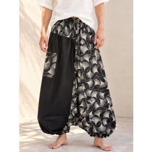 画像: 黒色＋和風プリント＊切り替え＊コットン素材＊ふんわり＊サルエルパンツ