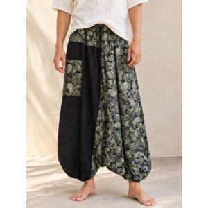 画像: 黒色＋和風プリント＊切り替え＊コットン素材＊ふんわり＊サルエルパンツ