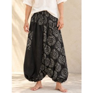 画像: 黒色＋和風プリント＊切り替え＊コットン素材＊ふんわり＊サルエルパンツ