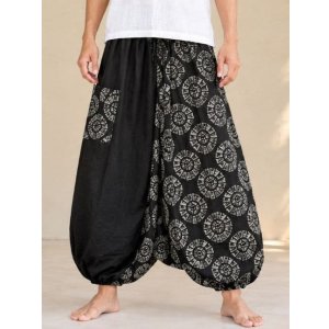 画像: 黒色＋和風プリント＊切り替え＊コットン素材＊ふんわり＊サルエルパンツ