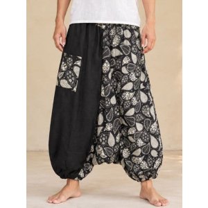 画像: 黒色＋和風プリント＊切り替え＊コットン素材＊ふんわり＊サルエルパンツ