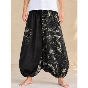 画像: 黒色＋和風プリント＊切り替え＊コットン素材＊ふんわり＊サルエルパンツ