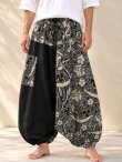 画像1: 黒色＋和風プリント＊切り替え＊コットン素材＊ふんわり＊サルエルパンツ